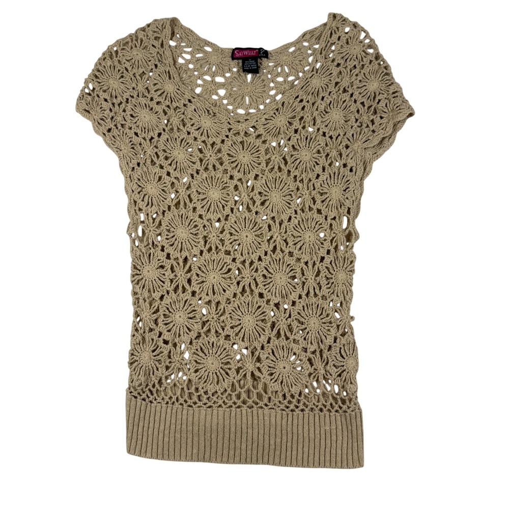 Y2K Say What Crochet Short Sleeve Top Womens M Tan